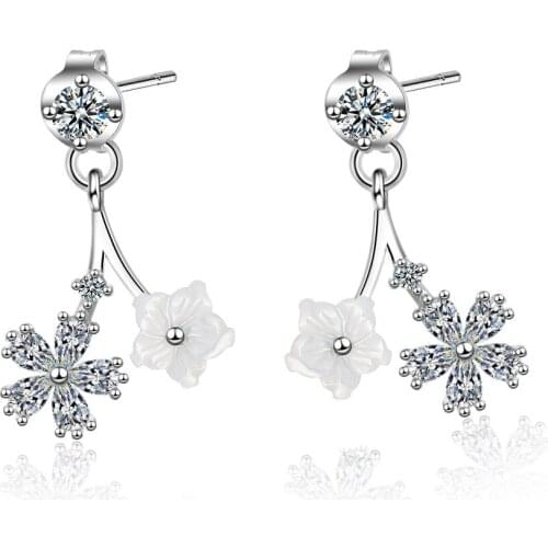 925 Sterling Silver Piercing Crystal Flower Charm Stud Earrings for Women Girls Wedding Party Gift Femme Jewelry eh1071