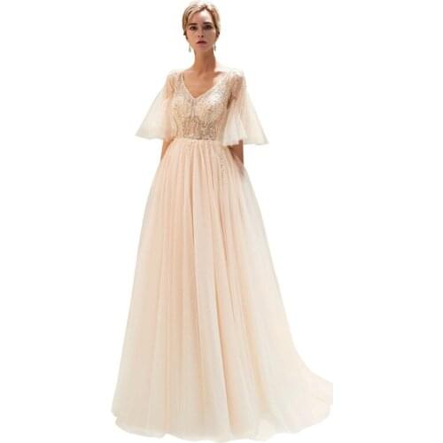 High Quality Tulle Empire V-Neck Backless Short Sleeves Long Evening Dress Beading Crystal Robe de soiree Vestido de noche