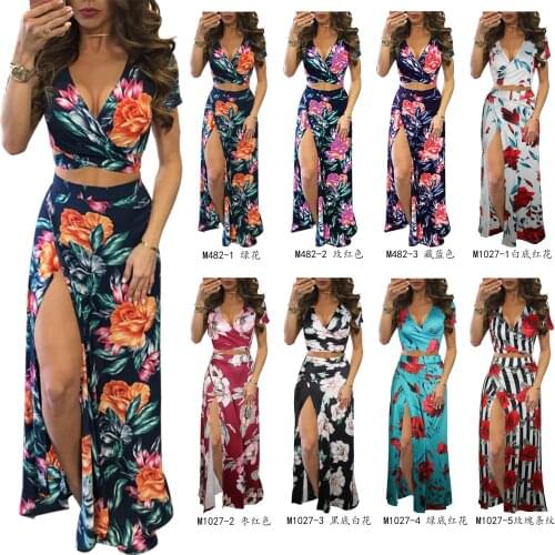 Women Floral Printed Two Pieces Chic Dress Sets Summer Boho Beach Party Dress High Slit Elegant Long Beach Vestidos Skirt Suits