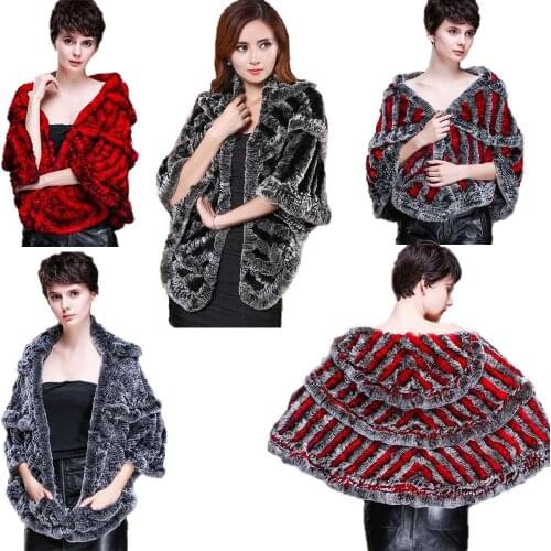 Real Rex Rabbit Fur Cape Coat Women Winter Warm Shawl Wraps With Pocket Three Layers Wedding/Party 5Colors