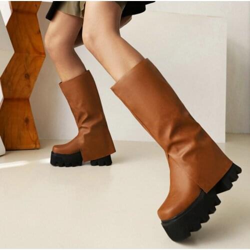 2021 Female Slip On Loose Western Boots Autumn Winter Warm Fashion Platform Knee High Boots Increase Plush Lining Womens Shoes
