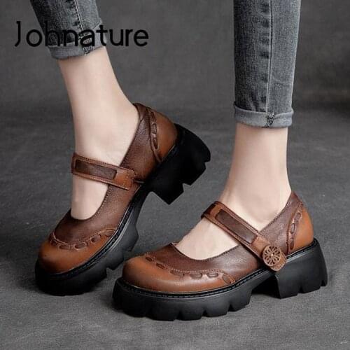 Johnature Genuine Leather Pumps Women Shoes Mixed Colors 2021 New Autumn Retro Hook & Loop Round Toe Sewing Leisure Ladies Shoes