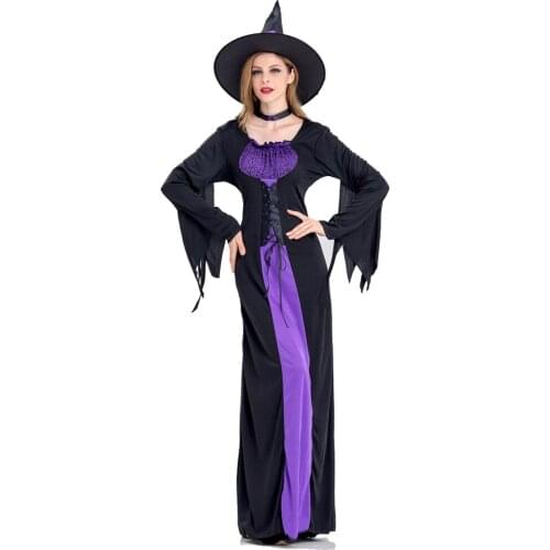Adult Halloween Witch Costume For Women Sexy Purple Braces Dress Hat Carnival Party Female Suit