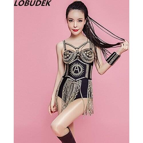 Women Sexy Waistband Bodysuit Sparkly Crystals Black Tassels bodysuit Bar Singer DJ Jazz Stage Costume Birthday Party Dance wear