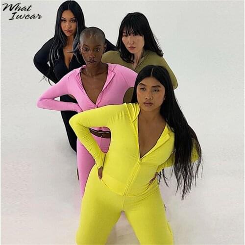 Whatiwear Sporty Fitness Solid Two Piece Set Women Full Sleeve Hooded Zipper Tops+Stretch Pants Skinny Matching Suit Streetwear