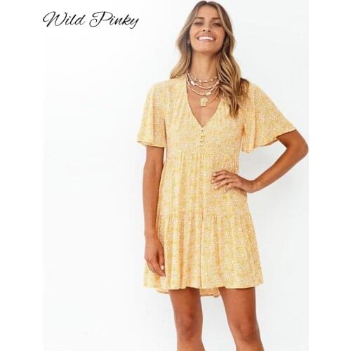 WildPinky Casual Floral Print V-Neck Short Sleeve Dress High Waist Summer Women Sundress 2021 Fashion Outfit Ladies Mini Vestido