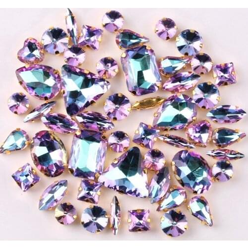 Gold claw settings 50pcs/bag shapes mix Violet rainbow glass crystal sew on rhinestone garments shoes bags diy trim