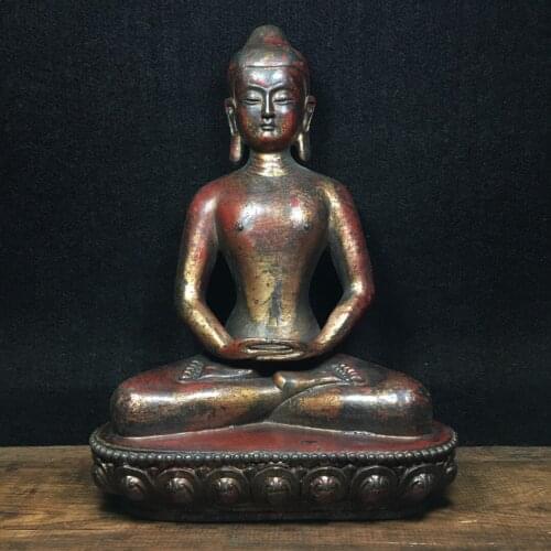 11"Tibet temple Old Bronze Lacquer Cinnabar Shakyamuni Buddha Statue Slimming Buddha Amitabha Enshrine the Buddha