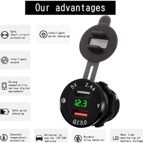 2in1 Car Mobile Phone Charger With Digital Display QC3.0 Fast Charge Dual USB Black Shell Green Light General Motors Adapter