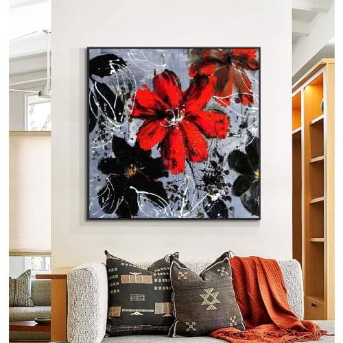 Abstract Beautiful Texture Flowers Painting 100% Hand Painted On Canvas Red Black Flowers Oil Painting Wall Art For Home Decor