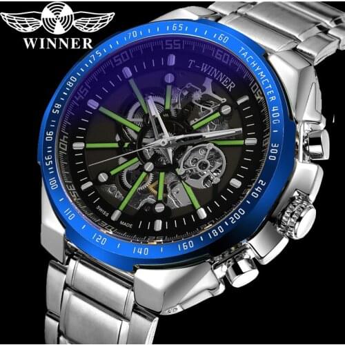WINNER Automatic Mechanical Men Wristwatch Military Sport Male Clock Top Brand Luxury Silver Skeleton Fashion Man Watch 8194