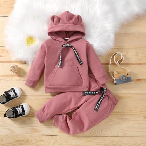 6M-4Y Baby Girls Boys Clothes Set Solid Color Bear Ears Long Sleeve Hooded Pullover + Long Pants 2Pcs Autumn Casual Outfits