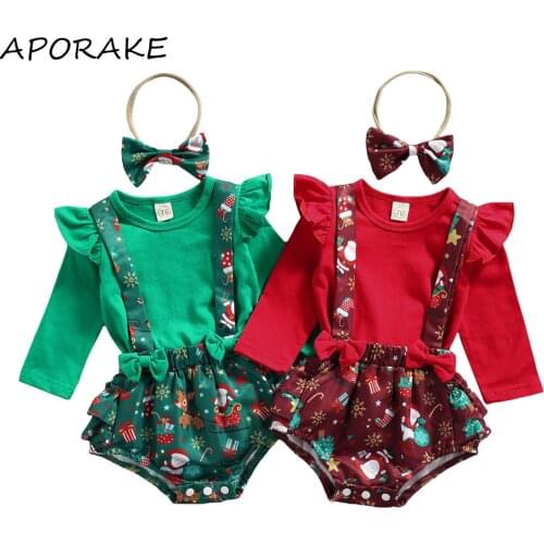 2021 0-18M Xmas Infant Baby Girl Clothing Solid Ruffle Long Sleeve Romper+Bow Cartoon Santa Claus Print Suspender Shorts 3pcs