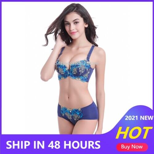 Famous Brand Sexy High Quality Women Print Bra Set Silk Lace Flower Push Up Big Size Underwear Bow Bra and Hollow Out Panties
