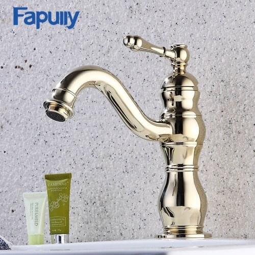 Fapully Basin Faucet Gold Bathroom Taps Deck Mounted Single Handle Gold Brass Bathroom Basin Water Mixer Taps 564-11G