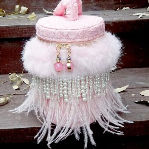 Mini Round Handbag Ostrich fur Circular Bag Lace pearl elegent top handle coin purse women Stylish Cellphone Bag Evening Bag