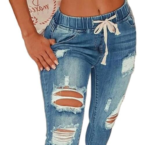 Fashion Women Jeans Elastic Drawstring Hole Summer Skinny Trouser Long Dating Streetwear Full Length Blue Thin Denim Jeans Pants