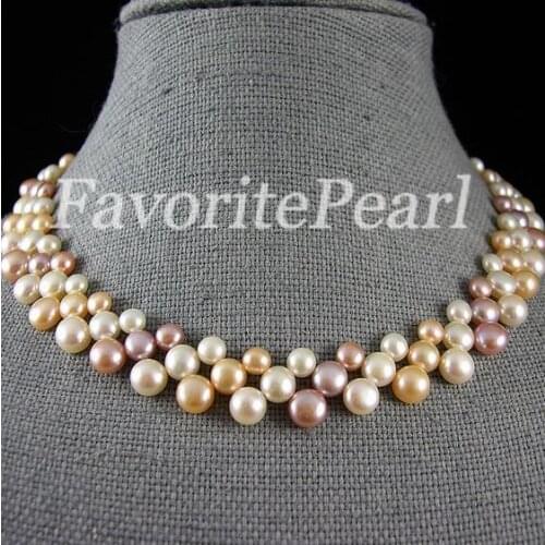 Favorite Pearl Necklace AAA Triplle Row 7-8mm 16 inches White Pink Purple Color Real Freshwater Pearl Necklace Perfect Girl Gift