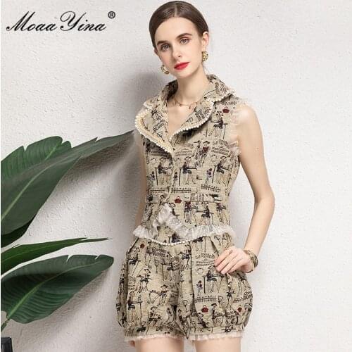 MoaaYina 2021 Fashion Designer Summer Vintage 2 Pieces Shorts Sets Womens Single-breasted Jacket Top+Lantern Shorts Suit