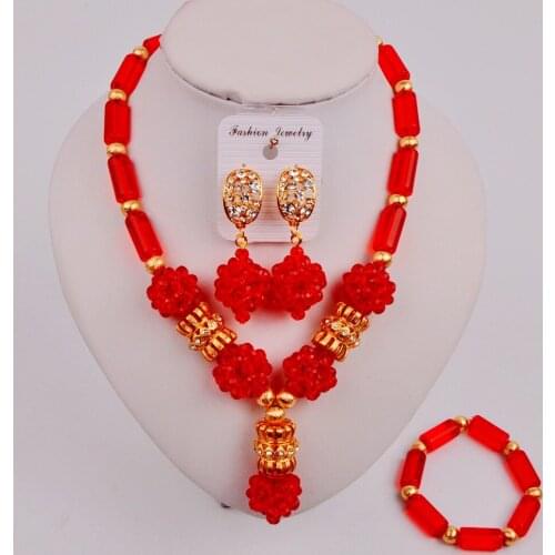 Fashion Red African Necklace Beads Set Nigerian Wedding Costume Jewelry Set ZQ4-5