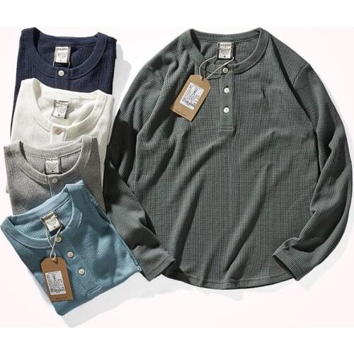 Autumn and Winter American Retro Thick Waffle Henry Collar T-shirt Mens Fashion Pure Cotton Long-sleeved Casual Bottoming Tops