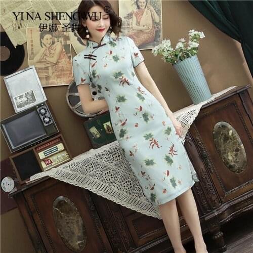 Mid-length Style Qipao Dresses Chinese For Women Cheongsam Summer Slim Flower Traditional Qipao Party Dress Vestido Plus Size