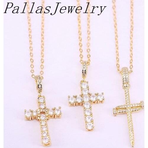 10Pcs CZ Micro Pave Necklace Sparkly Cubic Zirconia Crystal Pave Cross Gold Filled Pendant Necklace