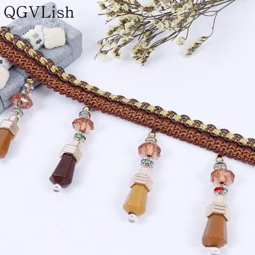 QGVLish 12M/lot Crystal Beads Curtain Tassel Lace Trims DIY Sewing Sofa Stage Lamp Fringe Curtain Accessories Lace Ribbon Decor