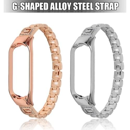New Fashion G Pattern Rhinestone Strap For Xiaomi Mi Band 5 Watch Replacement Watchbands Alloy Steel Wrist Bands With Frame