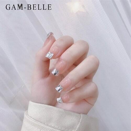 GAM-BELLE Luxury Rhinestones Designs Fake Nails Nude Pink Gradient Full Cover Artificial Press On Nails Manicure Decoration