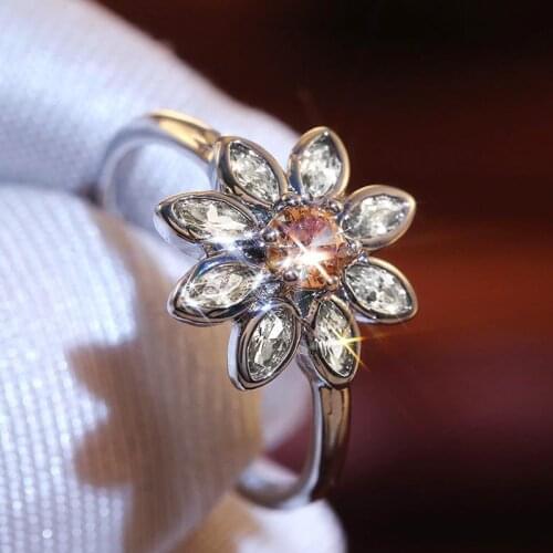 Luxury Female Champagne Crystal Stone Ring Classic Silver Color Wedding Rings For Women Cute Bride Flower Zircon Engagement Ring