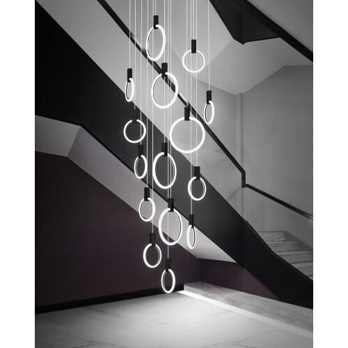 Modern LED Chandelier Black/Golden indoor Stairs Lighting Iron Acrylic Ring Restaurant Decor Lights Nordic Luxury hanging lamp