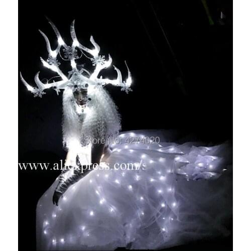 Luminous queen costume Senior luxury mysterious girl white goddess costume Halloween party cosplay Led dance suit Nightclub