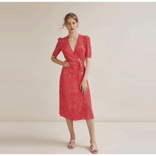 Vintage gabin dress with sashes v neck green red french romantic autumn print midi dress plus size female vestidos