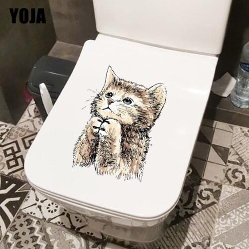 YOJA 18.3×25.2CM Cat Praying Sincerely Fashion Bathroom Toilet Decor Personality Home Wall Stickers T1-3012
