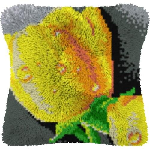 Yellow Rose Pillow Case Canvas Acrylic Yarn Latched Hook Pillow Kits Crochet Cushion Cover Latch Hook Cushion