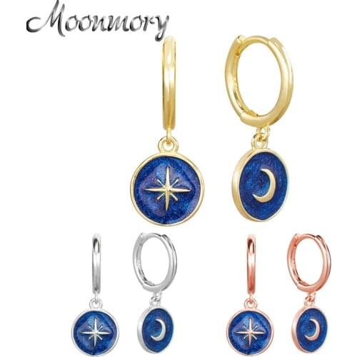 Moonmory 100% Real 925 Sterling Silver Blue Starry Sky Huggie Hoop Earrings For Women Enamel Star Moon Pendant Jewelry Wholesale