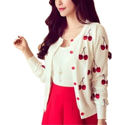 Clobee Autumn spring women Sweater cherry Embroidery Pattern Cardigan lady jacket coat Long Sleeve Short Knitting Cardigan White