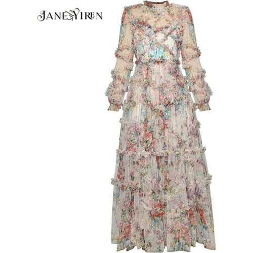 Jianyiren Fashion Designer dress Spring Womens Dress Lantern Sleeve Mesh Print Cascading Ruffle Vacation Ball Gown Dresses