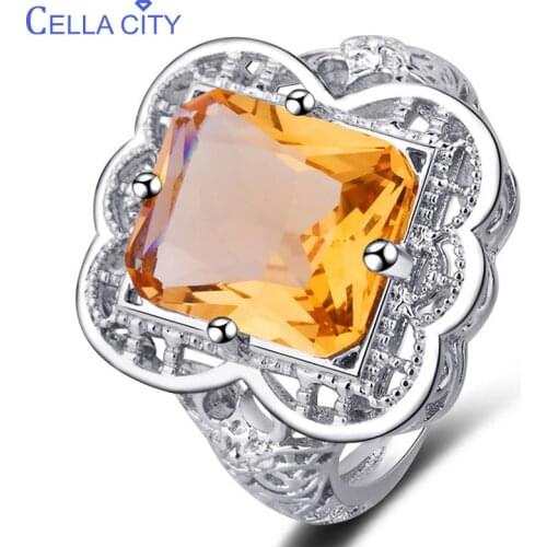 Cellacity Vintage Silver 925 Ring For Women Silver Jewelry Yellow Topaz Rectangle Gemstone Ring for Women Accessories Wholesale
