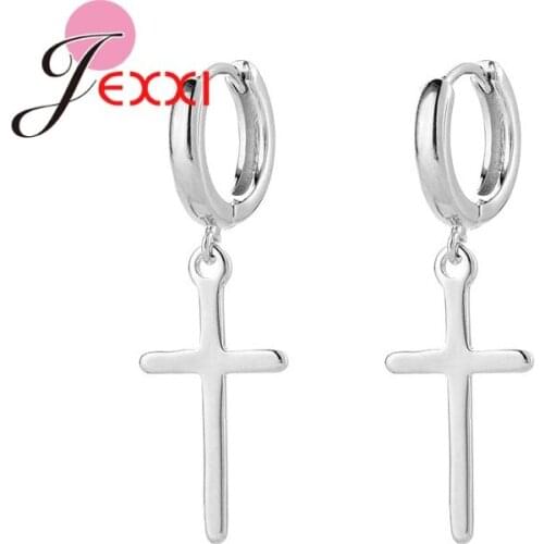 1 Pair Fashion Women Men Cross Pendant Cricle Earring 925 Sterling Silver Earrings Punk Gift Jewelry For Engagement Party