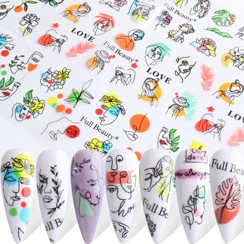 10pcs Abstract Face Nail Foils Sky Cloud Leaf Letter Transfer Sticker Decals Snake Flower Slider French Manicure Decor SAFB2021