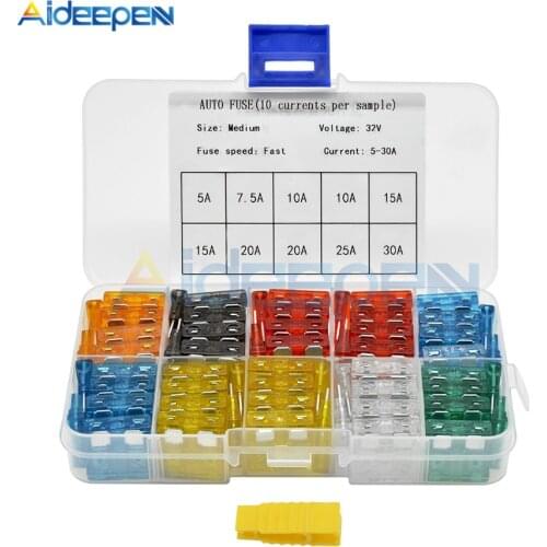 100pcs/lot Car Truck Medium Size Medium Blade Fuses 5A 7.5A 10A 15A 20A 25A 30A AMP Plastic Box Assortment with Clip 2*1.9cm