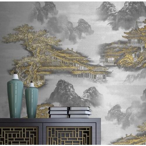 Beibehang custom Golden ink landscape classical architecture wallpaper for living room decoration tv background 3D wall covering