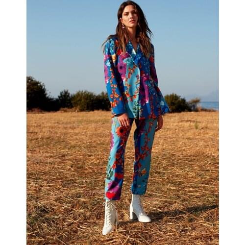 Women Blue Floral Pattern Ankle Pants Jacket Suit Casual Spring Summer High Waist Pants Two Pieces Blazer Casual Office New 2021