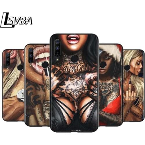 Tattoo women for Huawei Honor 30 20 10 9S 9A 9C 9X 8X MAX 10 9 Lite 8A 7C 7A Pro Silicone Soft Black Phone Case