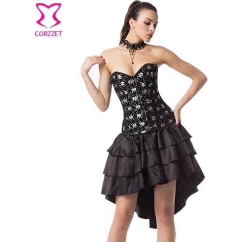 Black Stars and Skull Pattern Overbust Bustier Swallowtail Dress Burlesque Costume Sexy Gothic Corset Dress Steampunk Clothing
