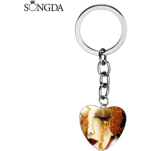 Classic Artist Gustav Klimt The Kiss Pendant Keychain Tears of God Abstract Oil Painting Glass Keyring Jewelry forValentines Day