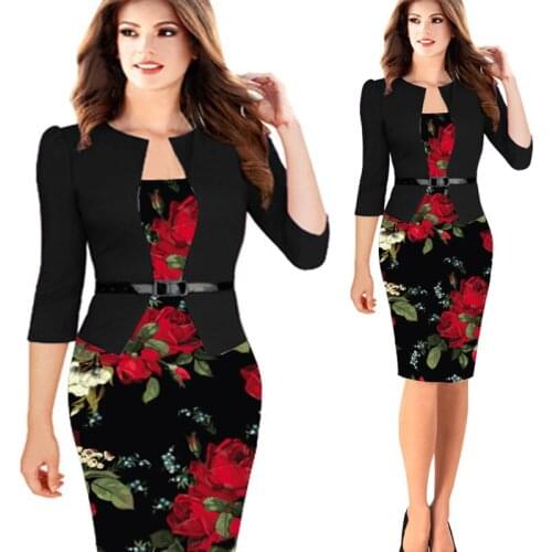 QR Summer Women Dress 2019 Vintage Floral Print Ladys Pencil Office Dresses Female Casual Plus Size Patchwork Party Dress 2XL