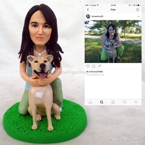 Girl with pet dog figurine miniature birthday cake topper anniversary souvenir home decor mini statue sculpture design handmade
